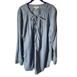 Motherhood Maternity Top XL‎ Denim Chambray Lace Up Shirt Roll Tab Sleeve